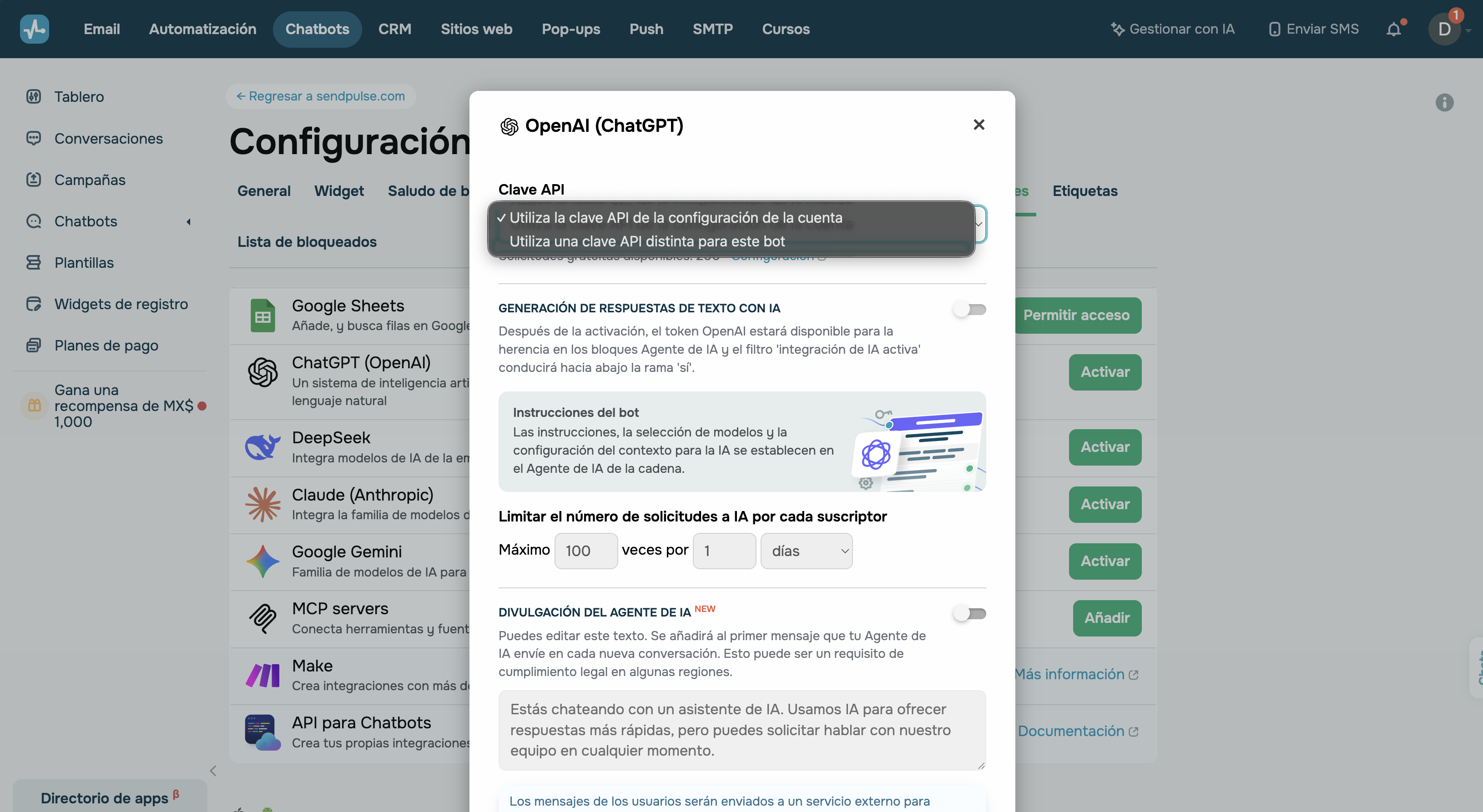Integrando OpenAI de ChatGPT en un chatbot dentro de la plataforma de SendPulse